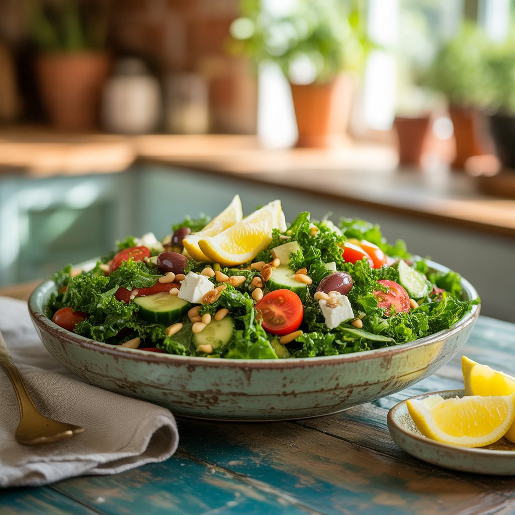 Fresh Kale Mediterranean Salad with Tangy Lemon Dressing