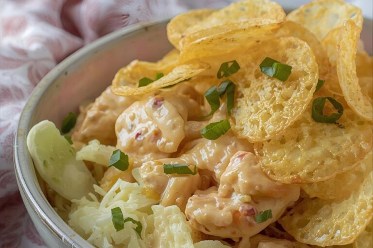 Creamy Hot Chicken Salad Topped with Golden Potato Chips