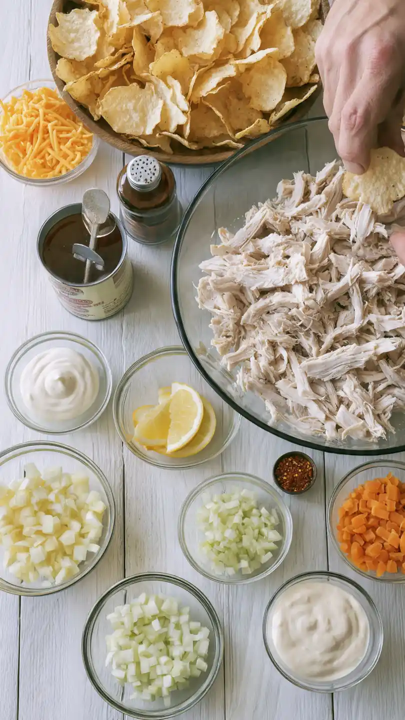 Creamy Hot Chicken Salad Topped with Golden Potato Chips Ingredients