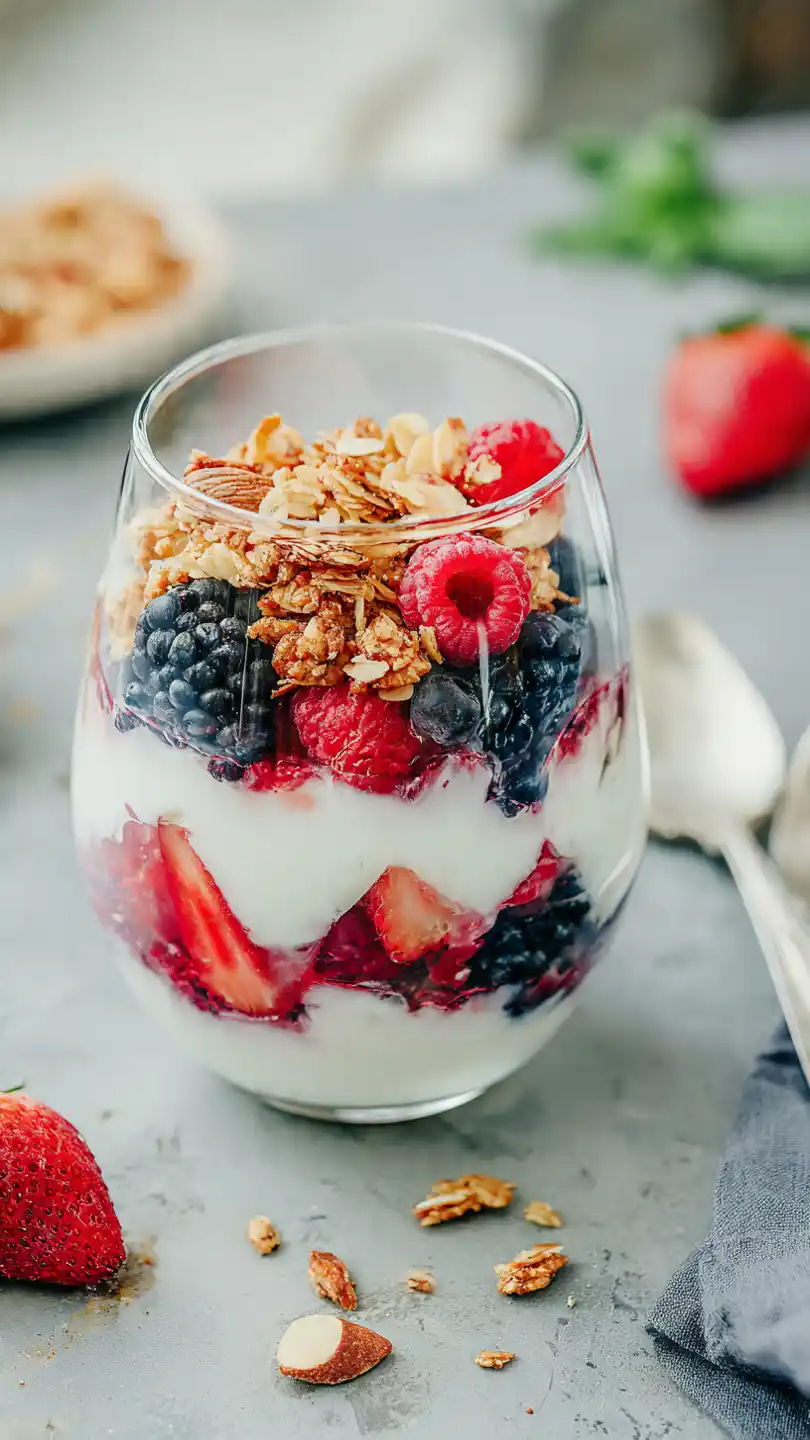 Greek Yogurt Parfait with Mixed Berries, Granola, and Nuts