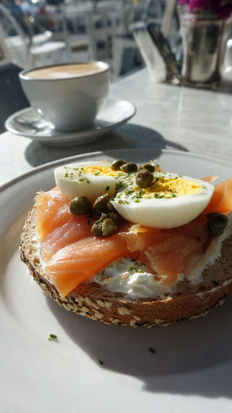 Smoked Salmon and Cream Cheese Bagel with Boiled Egg in Breakfast