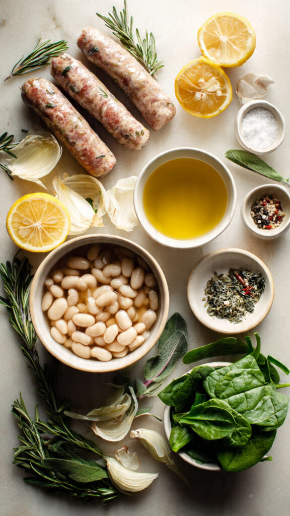 Pan-Fried Lamb Sausage with White Beans and Rosemary
