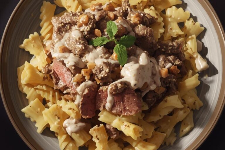 Beef And Bowtie Pasta With Alfredo Sauce