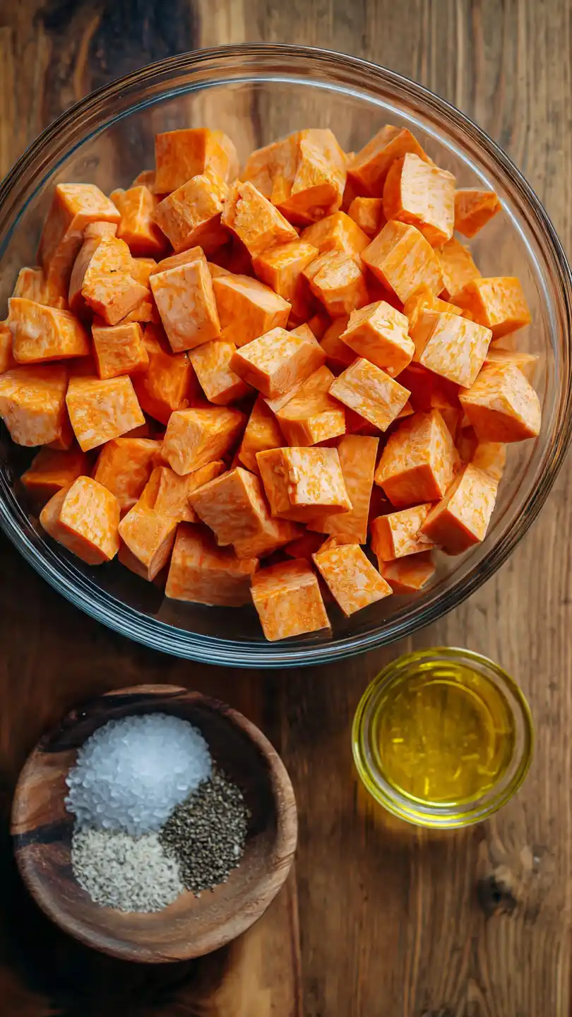 Air Fryer Sweet Potato Cubes Prepare and Season the Sweet Potatoes